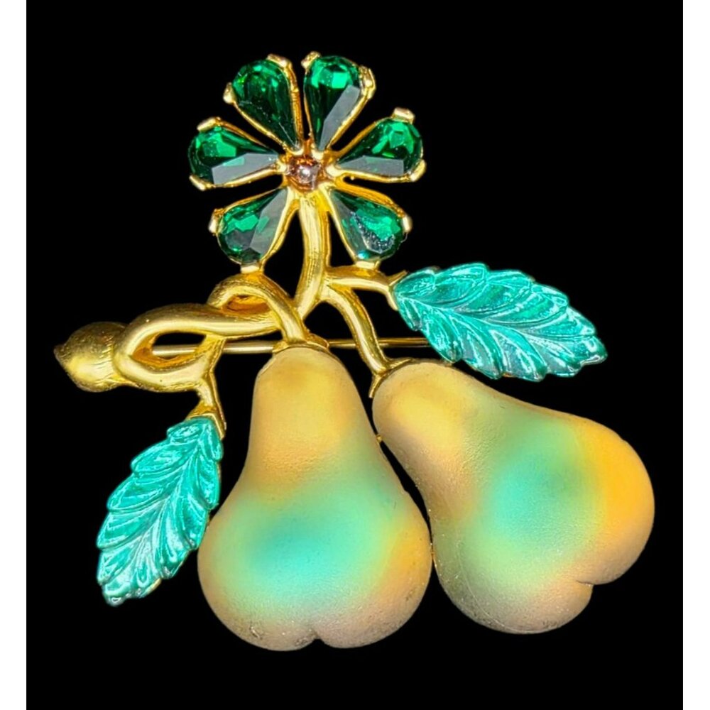 Rare VTG Loran Glass Pear Brooch Pin Frosted Fruit Floral Gems Aqua Gold Tone